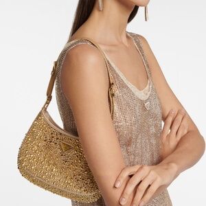 PRADA Cleo Crystal Embellished  Satin Shoulder Bag  Gold Full Set Authentic